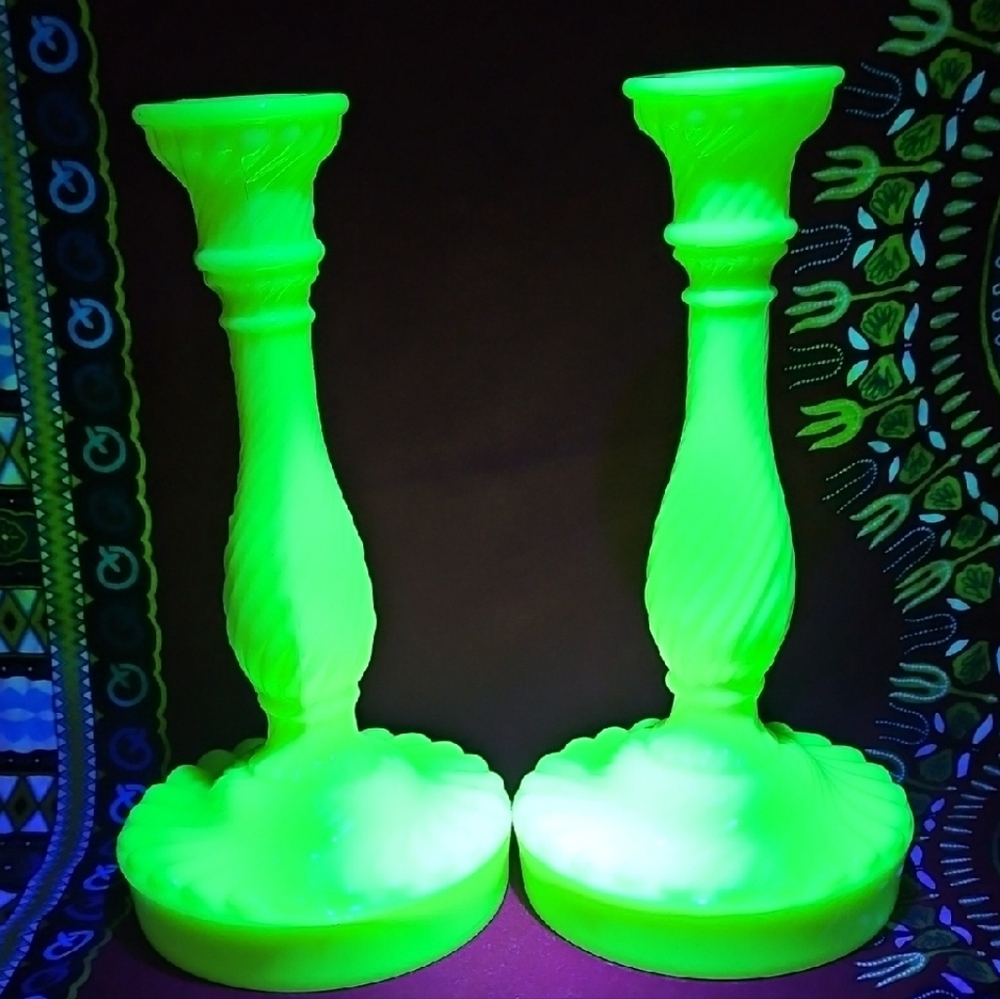 Antique Portieux Vallerysthal Uranium Custard Glass Twisted Candlestick Holders